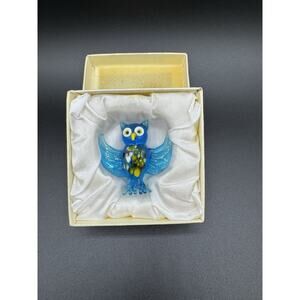 Owl Lampwork Miniature Bird Blue Art Glass Made in Greece Figurine Trinket VTG